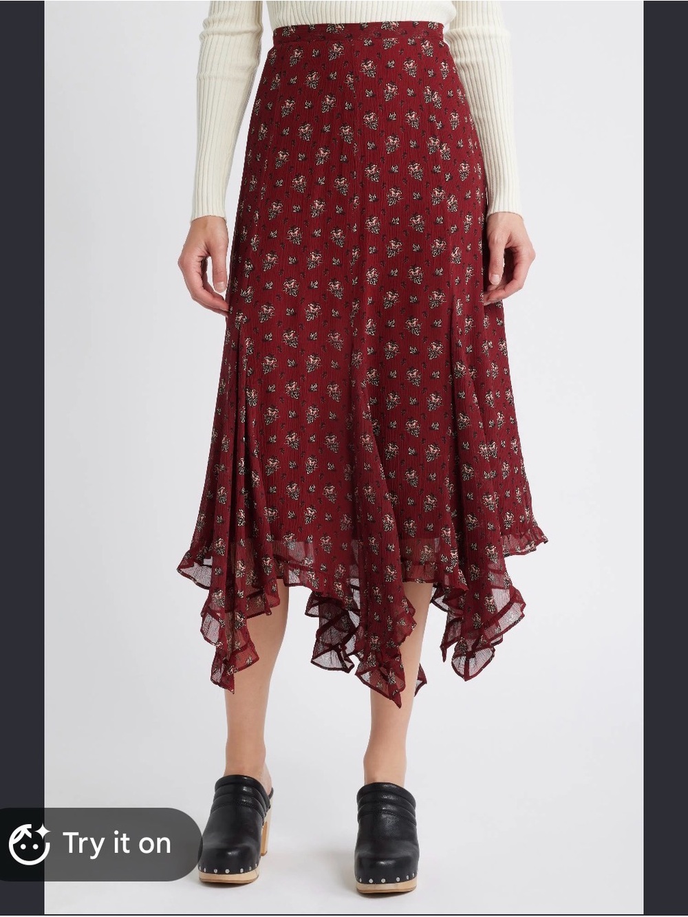 PAIGE Burgundy Floral Asymmetrical Handkerchief-Hem Skirt